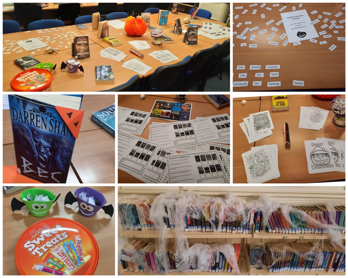 qmhslrc's tweet photo. What a fabulous lunchtime of Halloween fun!
Scary storytelling, a horror quiz,'trick or sweet', petrifying poems &amp; pumpkin page markers. 
I do love hosting events again and it was so wonderful to see so many from all years attending.
#happylibrarian #schoollibraries https://t.co/6xPiXa1qU5