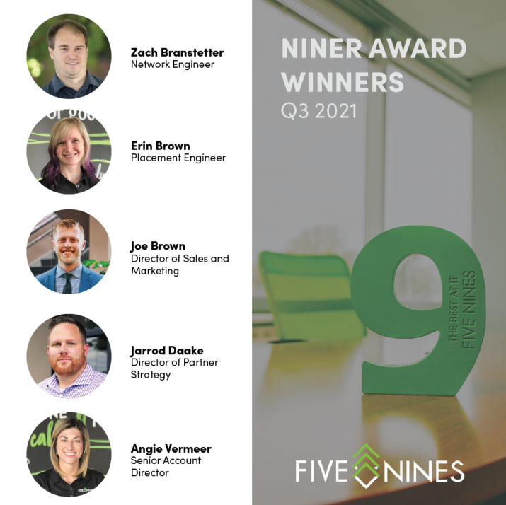 FiveNinesTech's tweet photo. During our quarterly all-staff meeting last week, we were excited to award five Niner awards! A winner of a Niner award exemplifies our cultural core values and customer service excellence. Help us congratulate Zach, Erin, Joe, Jarrod, and Angie! https://t.co/pIOOkz4Caz
