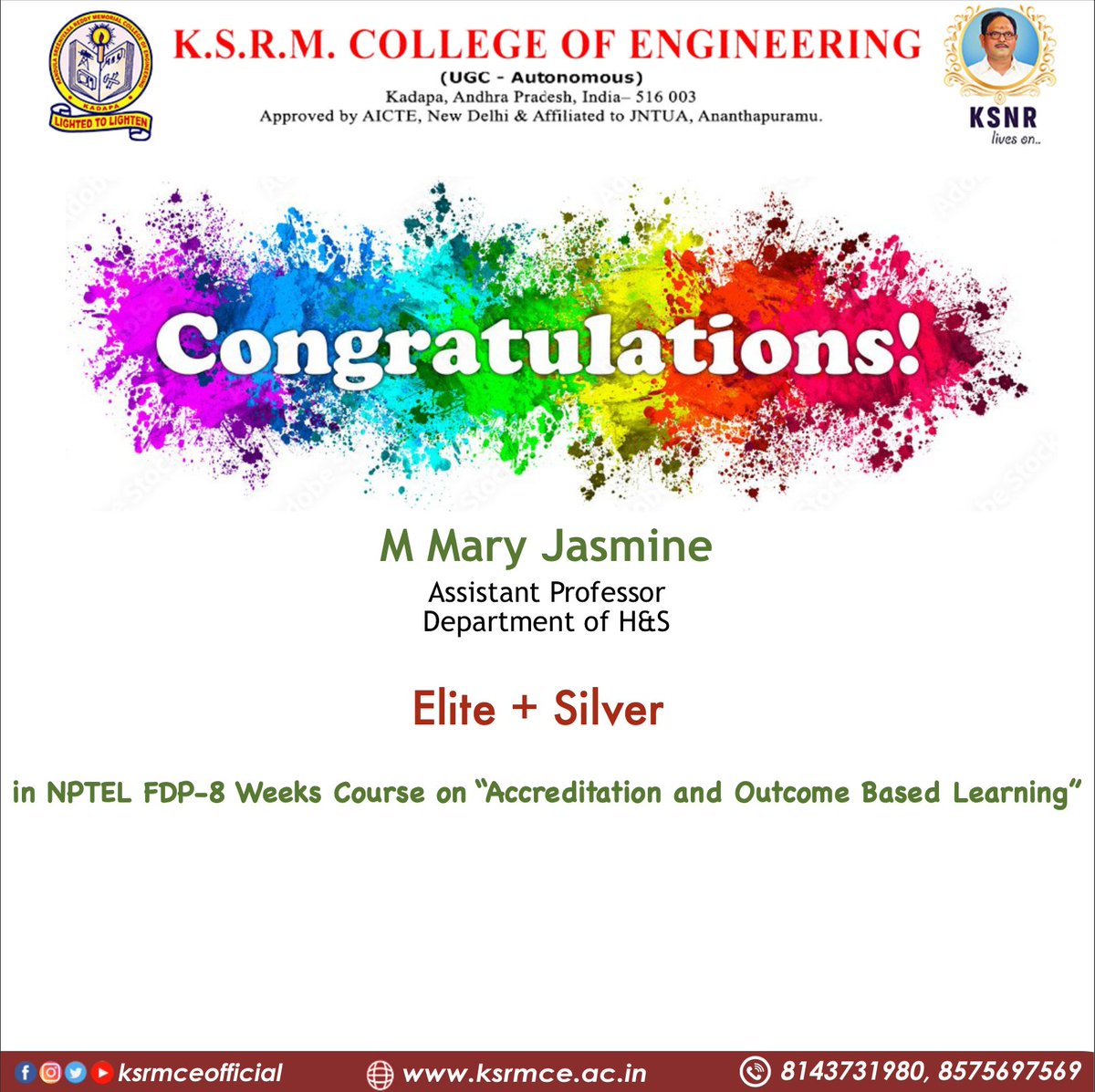 ksrmceofficial's tweet photo. Congratulations ππ
#NPTEL #nptelfdp #accreditation #outcomebasedlearning
#ksrm #ksrmce #kandulagroups #engineering #kadapa #ksrmcse #aicte #jntua #IntiativesofMHRD https://t.co/t1hUAJk2wZ