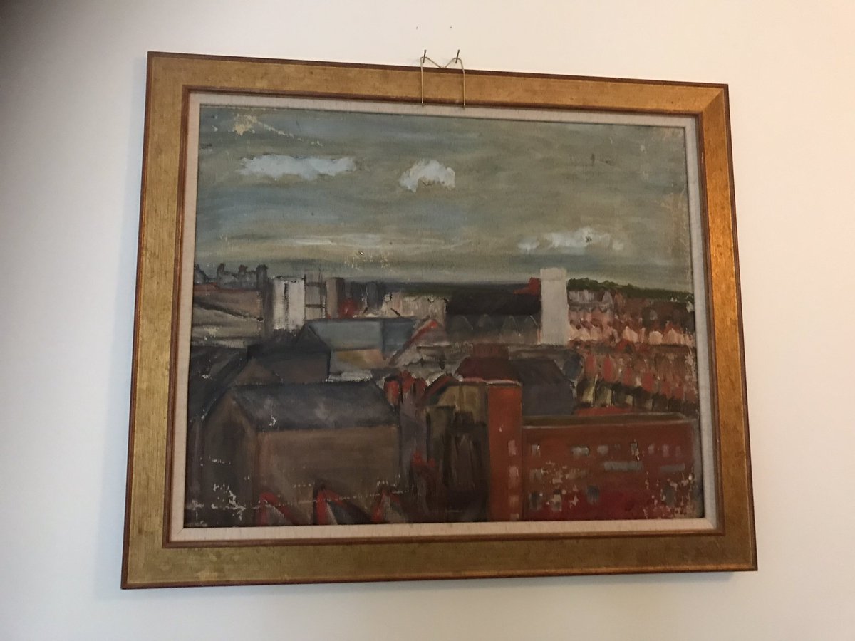 michael51185980's tweet photo. I don’t know much about this painting except it says “Salford” on the back. Not great condition but I love how it captures the industrial landscape in muted colours. Unknown artist. Maybe 1950s/60s? Thoughts welcome! @VisitSalford @northumbriana @GrimArtGroup @The_Lowry https://t.co/HC3Yz8oIhn
