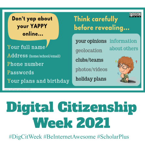 Digital Citizenship Week Day 2, think about what you share online. Be careful it's better to share less than to overshare 
 #DigCitWeek #ScholarPlus #cmiacademics