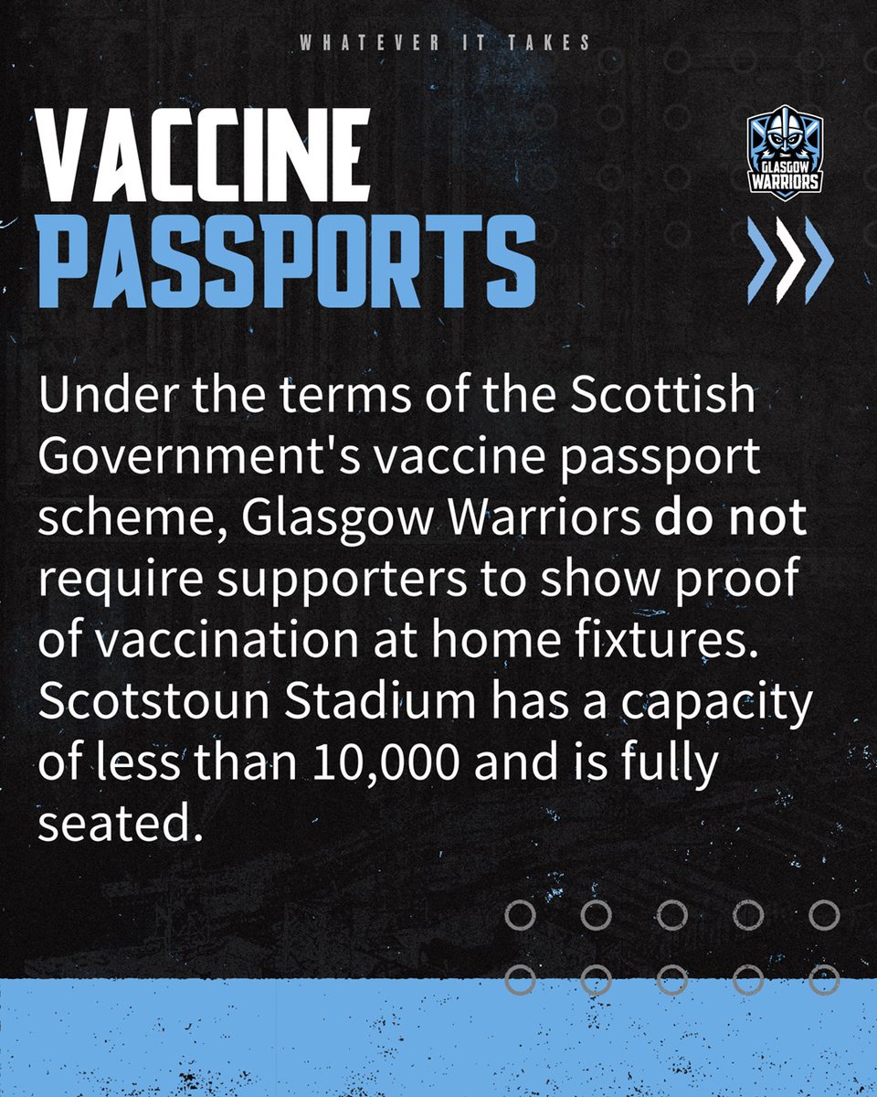 GlasgowWarriors's tweet photo. 🚨 Please see below for confirmation that vaccine passports are not required for spectators attending matches at Scotstoun as it stands.

Glasgow Warriors still encourages supporters to wear masks in and around the stadium complex, as well as being mindful of your fellow fans. https://t.co/xH71a0YgBq