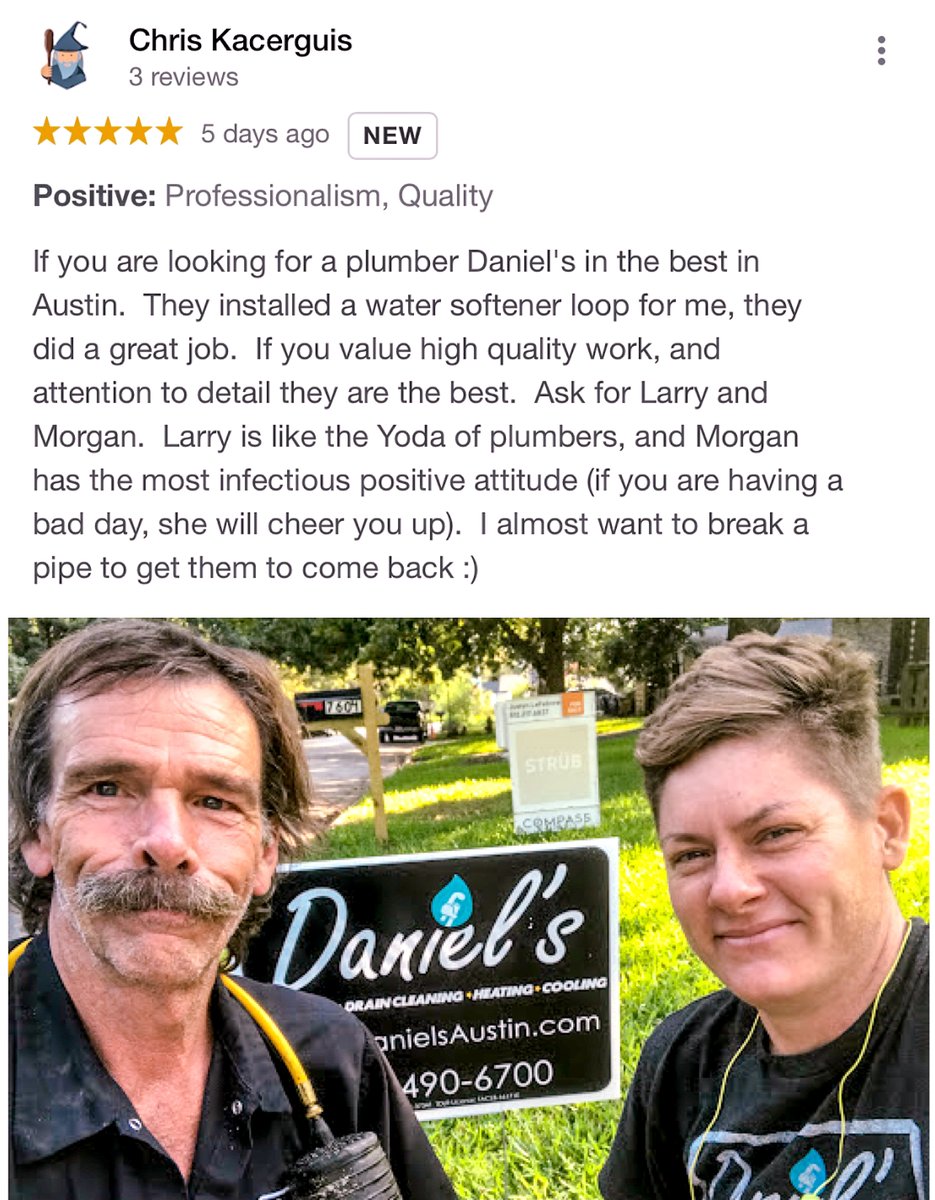 danielsaustintx's tweet photo. Larry and Morgan are quite the plumbing dynamic duo! Have either of them been out to your place? Comment below your experience! 
Larry and Morgan- Thank you both for representing Daniel’s in such a wonderful way. We appreciate y’all so much!✨ https://t.co/exSDBxq1hX