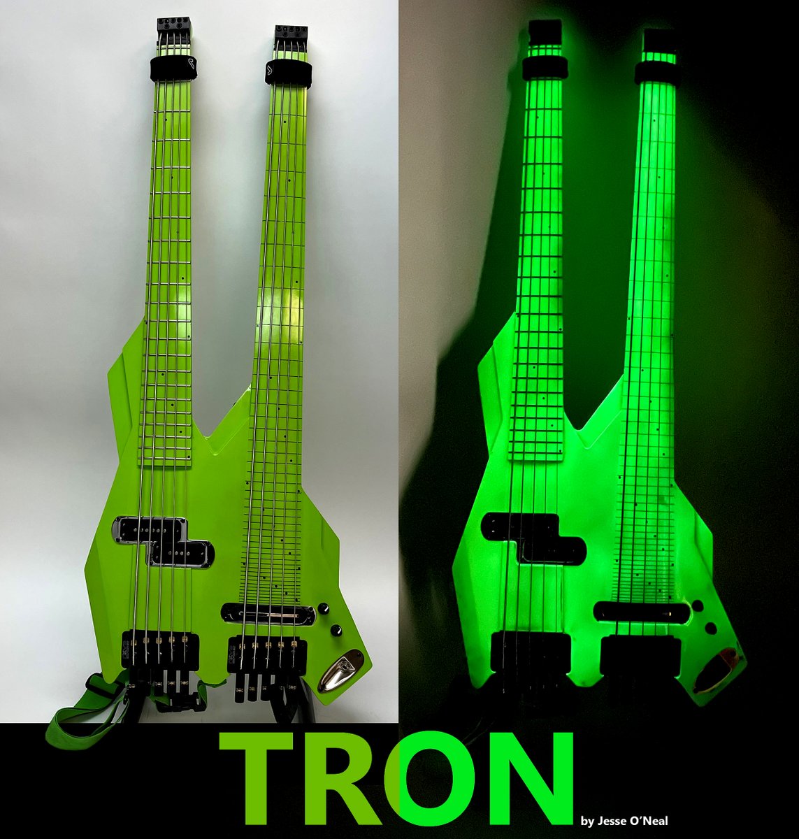 We love our luthiers!

Check out the latest creation from Jesse O"Neal (yes, this one glows, too). This is TRON. TRON is a double-neck bass--one fretted and one fretless.