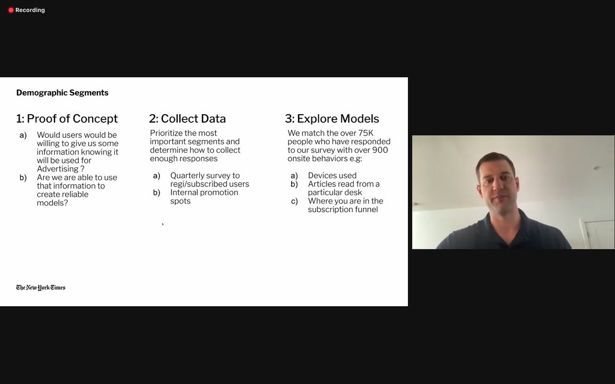 .@nkeckhar said one of @nytimes' most popular products is first-party behavioural targeting. Demographic segments are modeled from survey responses, and the company used promotional spots powered by its own products to generate responses from variety of users. #inmaproductdata