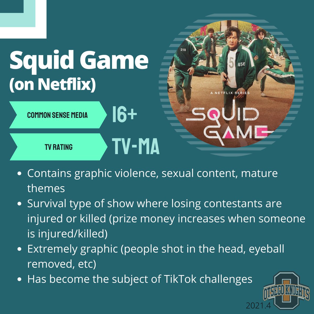 Squid Game is currently the #1 most watched show on Netflix. New memes and TikTok challenges based on the show are emerging. The "game" is violent with extremely graphic scenes. Even if your child is 16+, watch this yourself first before allowing your child to watch.
