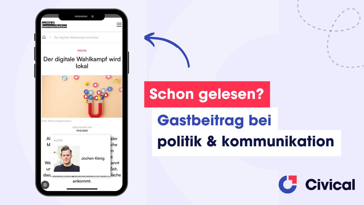 Civical (@civical_de) on Twitter photo Zeitgemäßer Wahlkampf ist digital. Jetzt geht es darum #SocialMedia Wahlkampf fernab der Parteizentralen vor Ort zu fördern & Kandidierende zu befähigen. Warum der digitale Wahlkampf lokal wird, erläutert #Civical Gründer & CEO <a href="/jochenkoenig/">Jochen Koenig</a> in <a href="/pundk/">Redaktion p&k</a> 👉 politik-kommunikation.de/der-digitale-w… Zeitgemäßer Wahlkampf ist digital. Jetzt geht es darum #SocialMedia Wahlkampf fernab der Parteizentralen vor Ort zu fördern & Kandidierende zu befähigen. Warum der digitale Wahlkampf lokal wird, erläutert #Civical Gründer & CEO <a href="/jochenkoenig/">Jochen Koenig</a> in <a href="/pundk/">Redaktion p&k</a> 👉 politik-kommunikation.de/der-digitale-w…