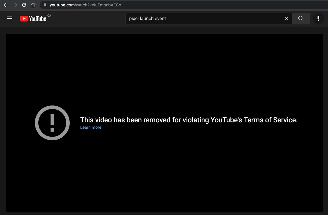 villo_2's tweet photo. Funny to see Youtube flagged their own (Google) video for violations 😆#Pixel6Launch https://t.co/S5Nugrc3s5