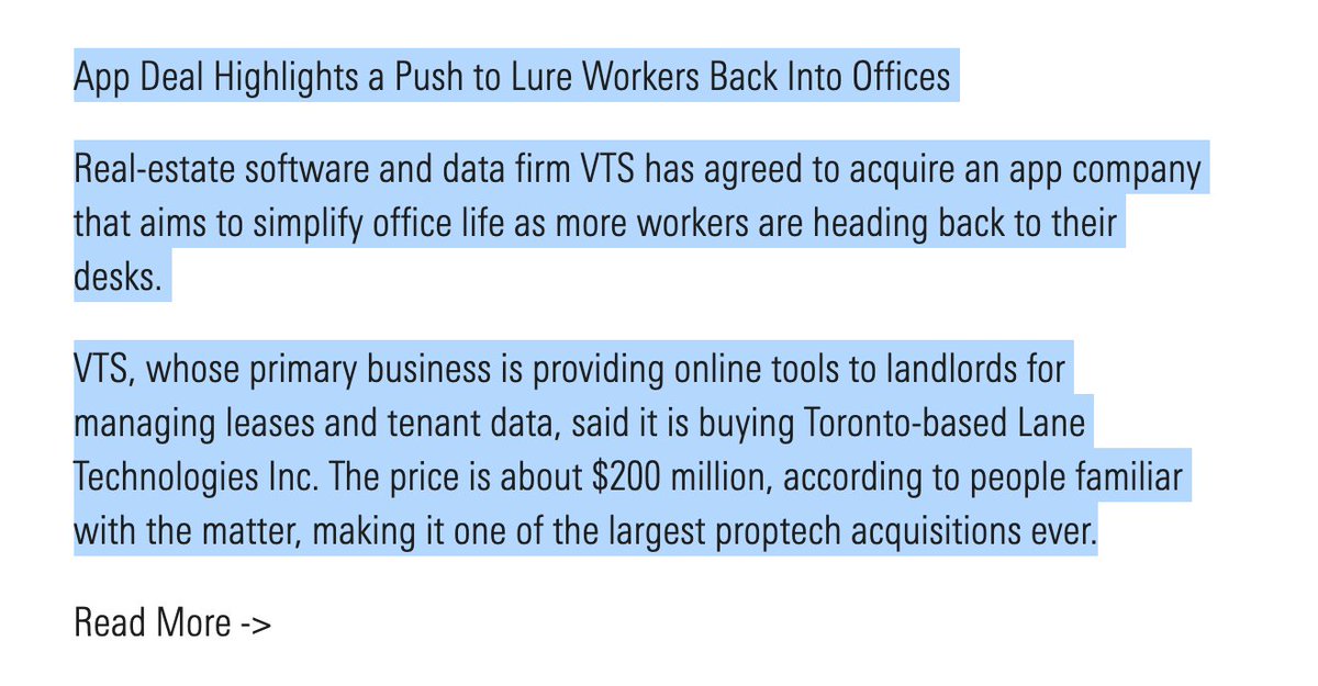 Today's top headlines per <a href="/MorningstarInc/">Morningstar, Inc.</a>'s North America Morning Briefing: Real-estate software and data firm VTS has agreed to acquire Toronto-based Lane Technologies!!!

ow.ly/MHtw50GtQpK 

<a href="/joinlane/">Lane</a> #tenantexperience #TenExTakeover