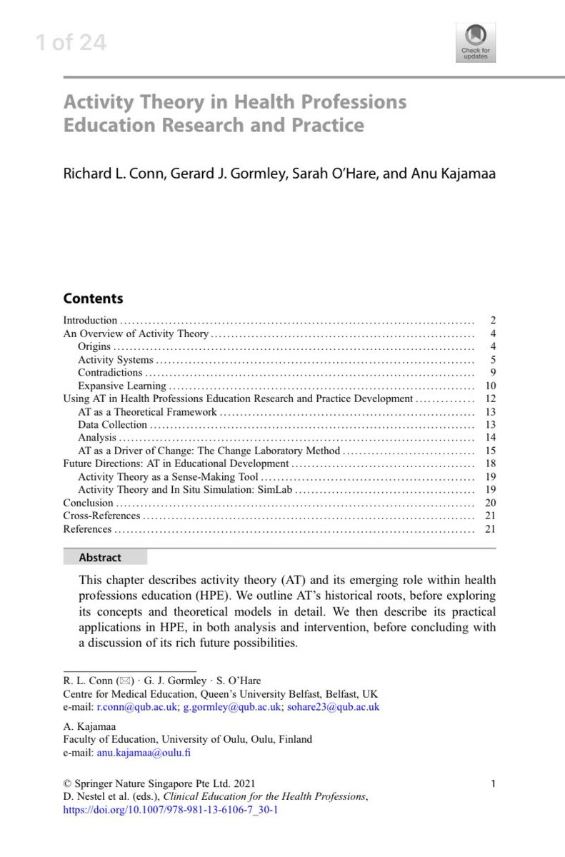 Can truly say-working with <a href="/richardlconn/">Richard Conn</a> (lead author extraordinaire), <a href="/sarahohare19/">Sarah O'Hare</a> &amp; <a href="/AKajamaa/">Anu Kajamaa</a> was a joy in producing our new book chapter on #CHAT in Clinical Ed for the HPs. Thanks to the Eds for their guidance and believing in us! #CHAT #SimLab #ExpansiveLearning