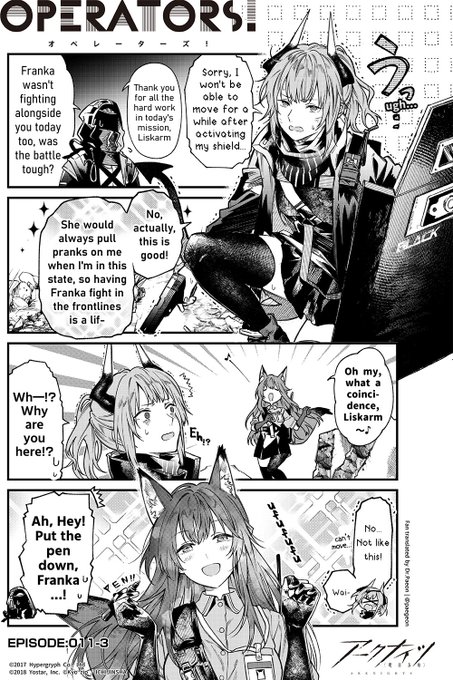 English Fan translation of [Arknights OPERATORS!] Episode 011-3
(Official Arknights JP Twitter comic) 

Did Liskarm have a tough time in today's mission without Franka?

#Arknights #OPERATORS_EN 