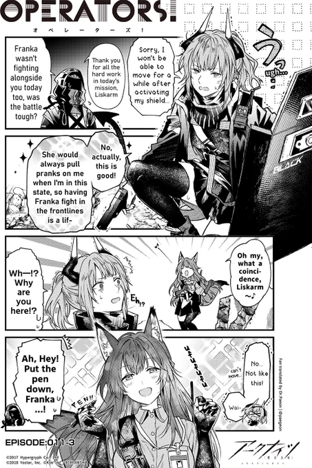 English Fan translation of [Arknights OPERATORS!] Episode 011-3
(Official Arknights JP Twitter comic) 

Did Liskarm have a tough time in today's mission without Franka?

#Arknights #OPERATORS_EN 