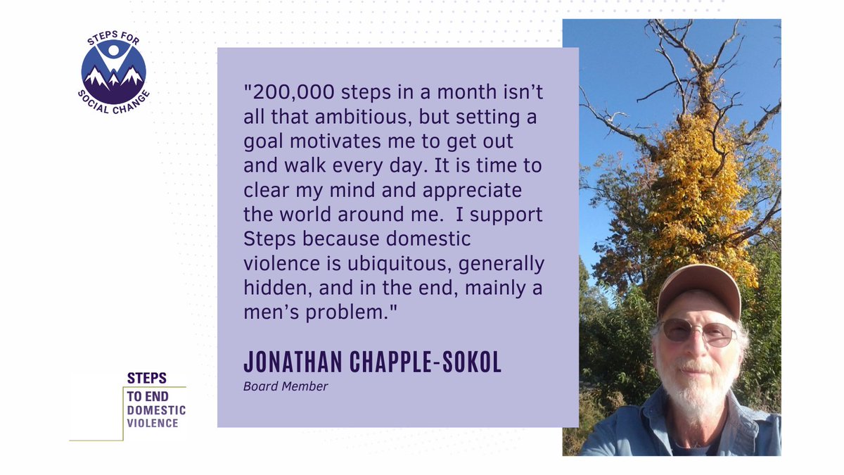 stepsVT's tweet image. StepsVT board member, Jonathan Chapple-Sokol has a goal of 200,000 steps for #StepsforSocialChange. What goals have you set for your wellness? Join us as we work to meet wellness goals and raise $50k for services for those affected by domestic violence.
give.stepsvt.org/stepsforsocial…