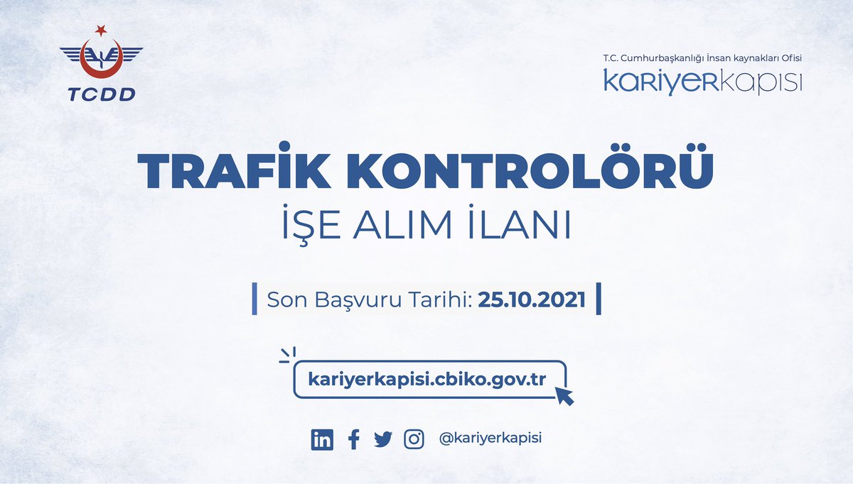 TCDD İşletmesi Genel Müdürlüğü Demiryolu Trafik Kontrolörü işe alım ilanı yayında! <a href="/TCDDemiryollari/">TCDD-Türkiye Cumhuriyeti Devlet Demiryolları 🇹🇷</a> @tccbiko

👉🏼 Detaylar: kariyerkapisi.cbiko.gov.tr
🗓️ Son Başvuru Tarihi: 25 Ekim 2021