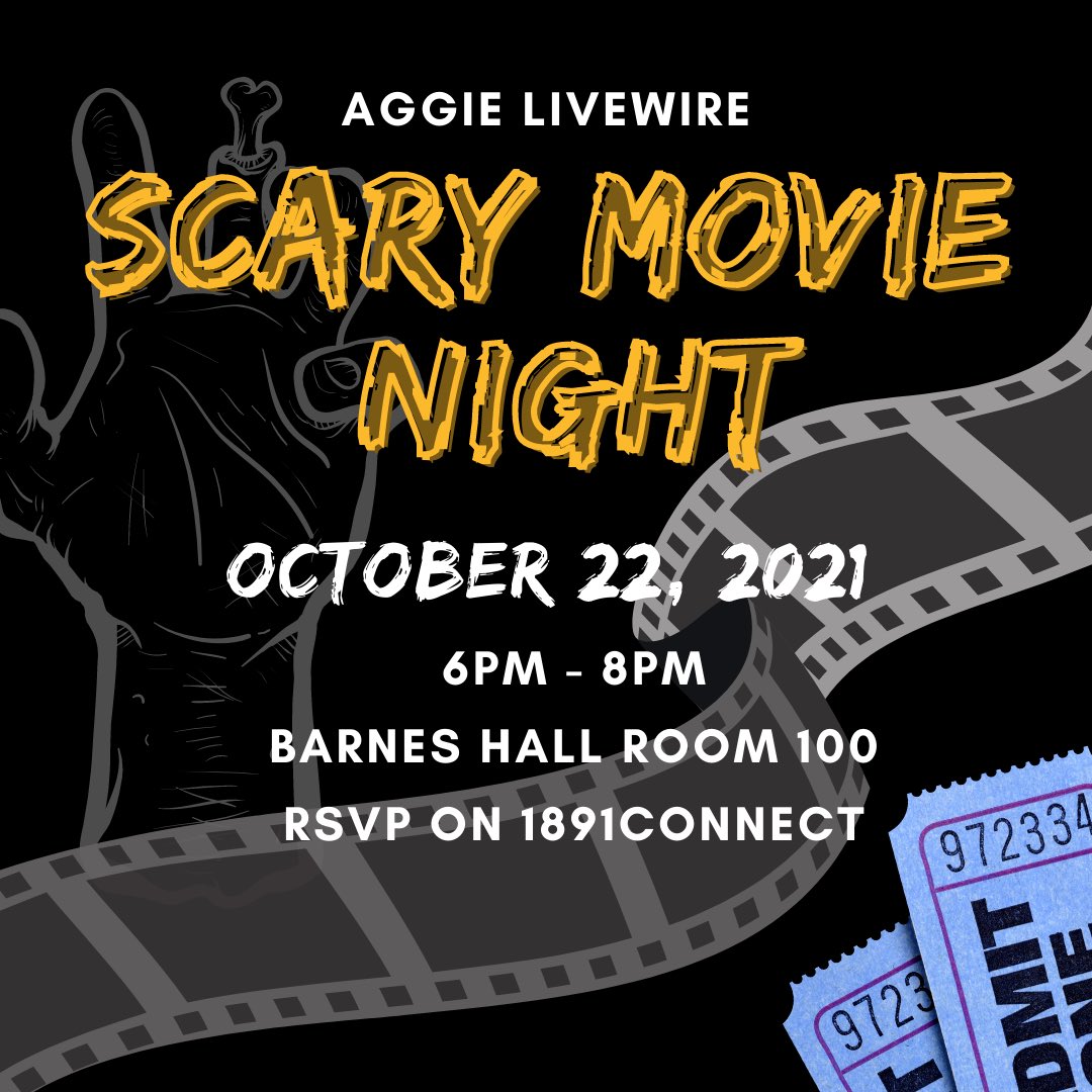 _AggieLivewire's tweet photo. Help Aggie Livewire bring in GHOE with a Scary Movie Night on Friday, October 22, 2021 in Barnes Hall Room 100 (the auditorium) from 6:00pm to 8:00pm. The featured film will be Twitches Too. Come and bring your friends. Can’t wait to see you there. https://t.co/rl3G3YqQkT
