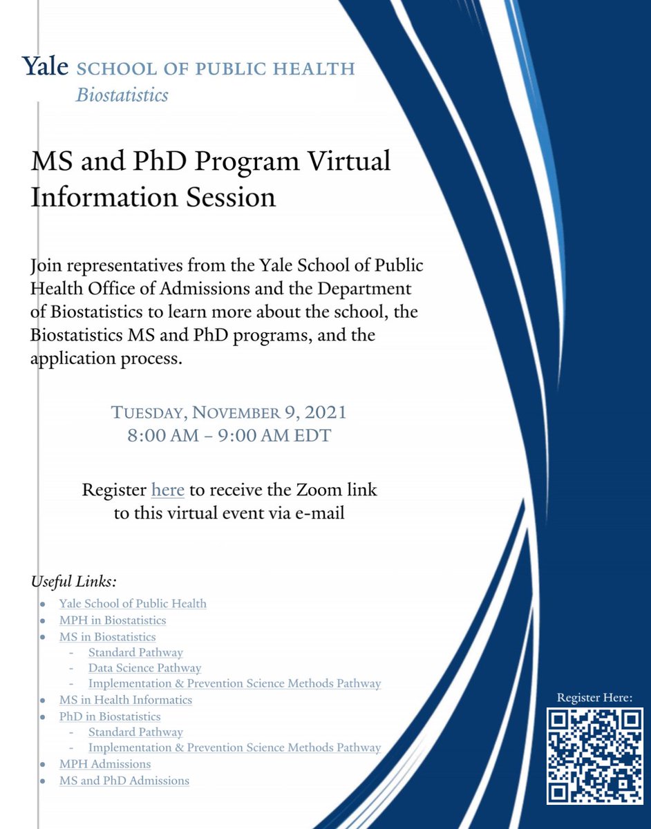 MARK YOUR CALENDAR!! Our department will be hosting a MS and PhD Program Virtual Information on November 9th, 8am-9am EST. Pleas register here and see below for details: yale.zoom.us/meeting/regist…