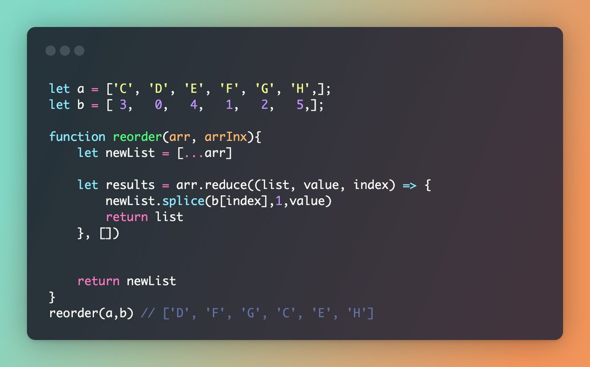 Ariel_Rodriguez's tweet photo. @cassidoo - Interview question of the week. 
Given an array of objects A, and an array of indexes B, reorder the objects in array A with the given indexes in array B.  Perfect use case for Array.reduce right? 👇 https://t.co/Mvwk5DUoS9