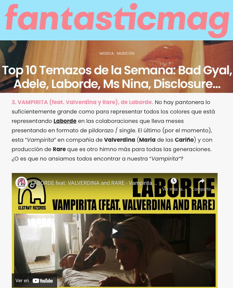 “Vampirita” de LABORDE, VALVERDINA y RARE bien arriba en el top de temazos de esta semana de <a href="/fantaplasticmag/">fantasticmag</a> ❤️❤️fantasticmag.es/temazos-bad-gy…
<a href="/lavalverdina/">valverdina</a> <a href="/labordepsd/">Laborde</a>