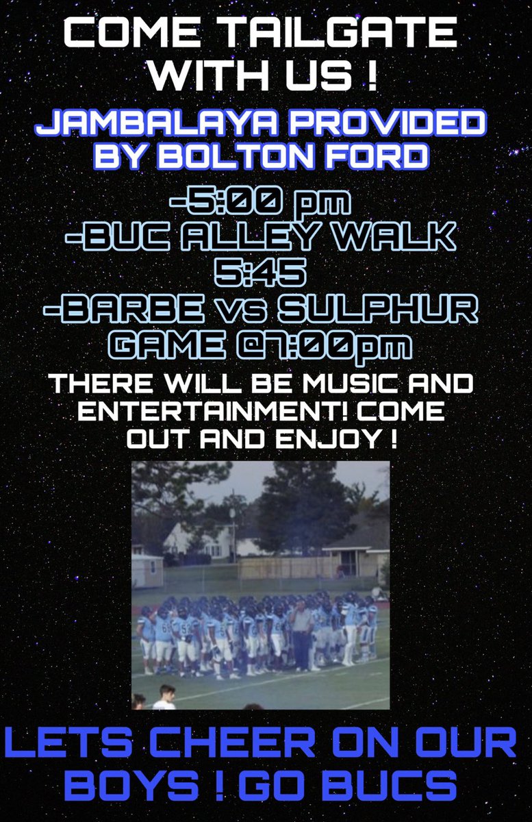 !!YALL KNOW WHAT TIME IT IS!!

🔵⚪️ITS RIVALRY WEEK🟡🔵

BARBE VS SULPHUR 

@ BARBE 

JOIN THE BARBE BUCS AS WE TAKE ON THR TORS AS OUR TRADITIONAL RIVALS