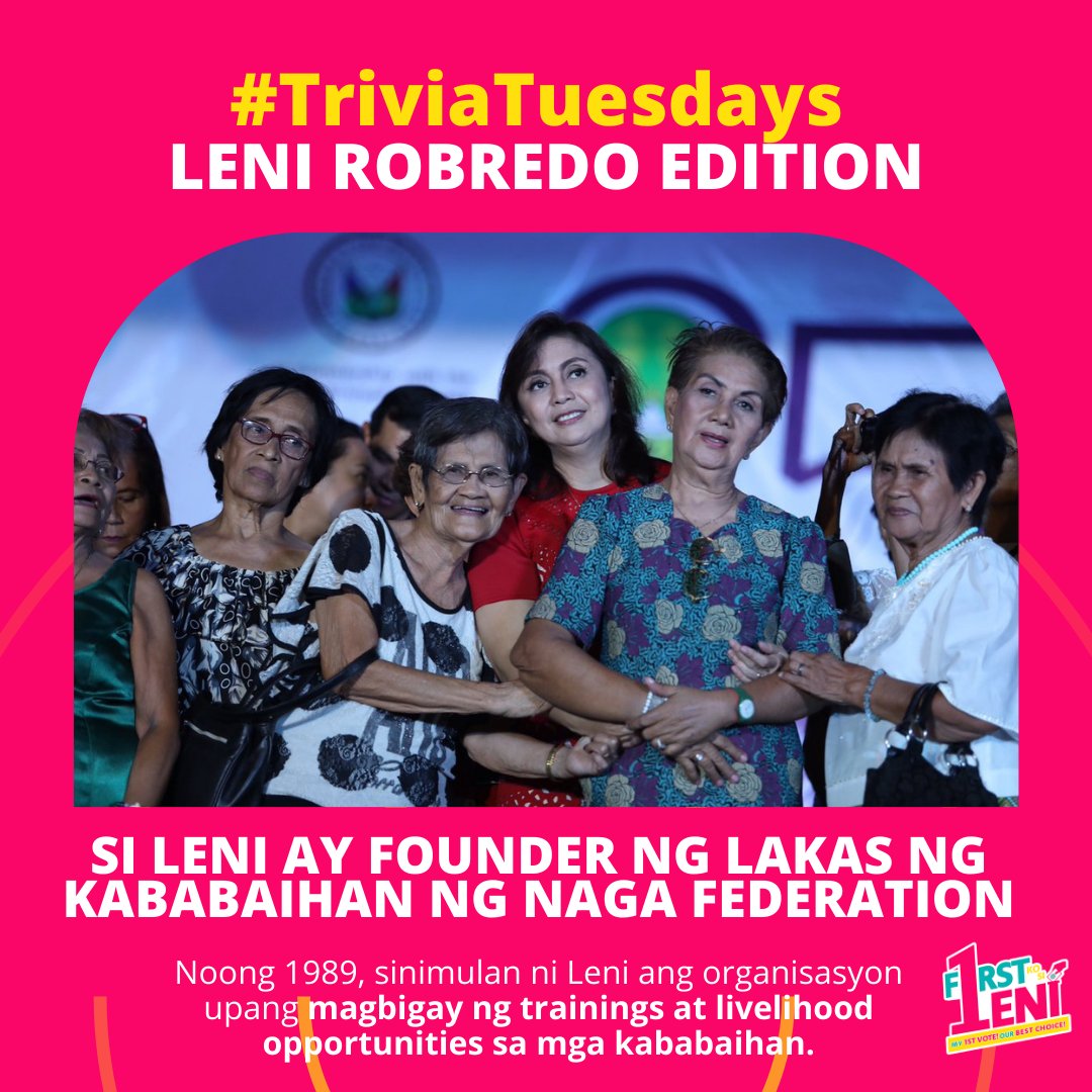 F1rstkosiLeni's tweet photo. Alam mo ba na bago pa man pumasok sa pulitika si VP @lenirobredo, marami na ang kanyang isinusulong na adbokasiya? Kasama na rito ang women's empowerment.

Si VP Leni ay founder ng Lakas ng Kababaihan ng Naga Federation.

#F1rstKoSiLeni
#LabanLeni2022
#TriviaTuesdays https://t.co/aaKH2dFgCr