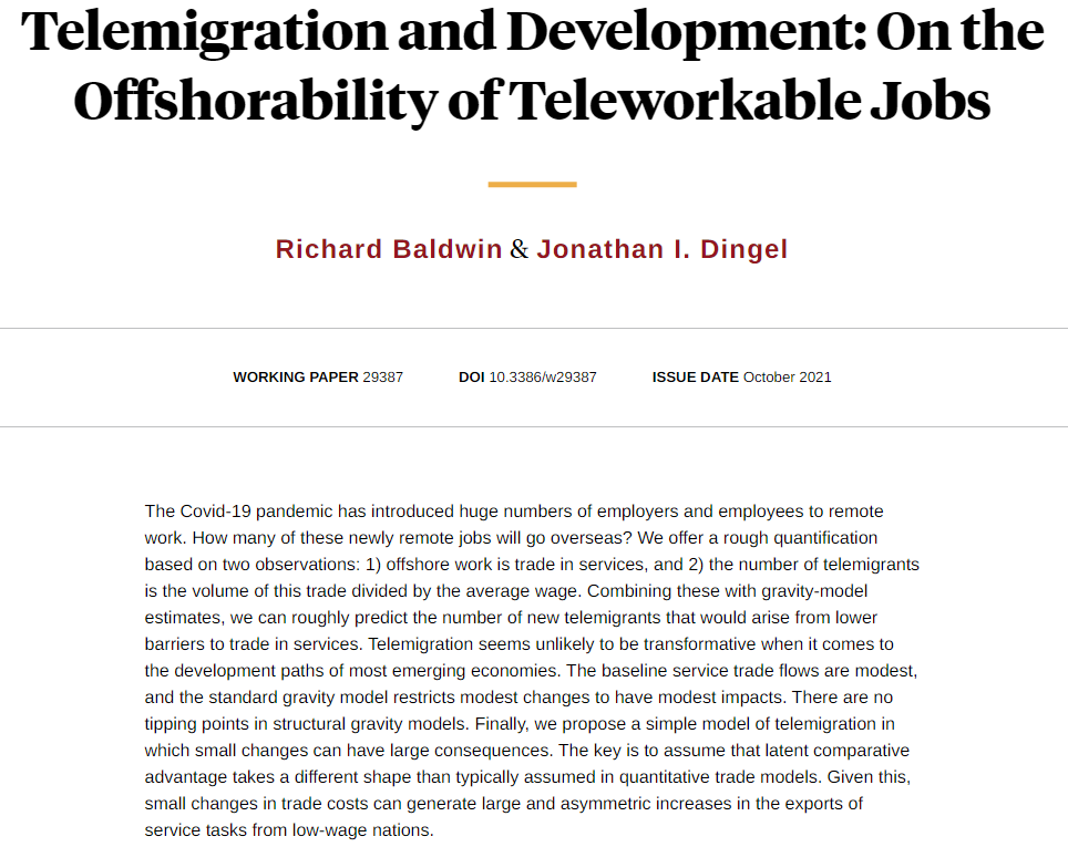 nberpubs's tweet photo. Analyzing whether remote work will move many jobs offshore shows services trade is modest at present. Also, a presenting model of telemigration in which small changes in trade costs can have large consequences, from @BaldwinRE and @TradeDiversion https://t.co/AL9l6L7djg https://t.co/syLmkTqI67