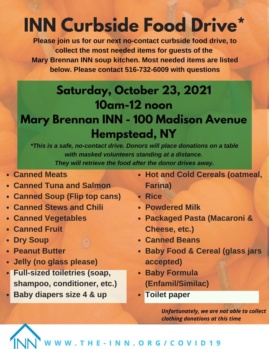 HofstraU's tweet photo. Join us on Saturday, October 23 from 10:00 a.m. to 12:00 p.m. for a no-contact curbside food drive at the Mary Brennan INN. For more information visit: https://t.co/IpZogWiSQe @The_INN https://t.co/pUEb5V0gCW