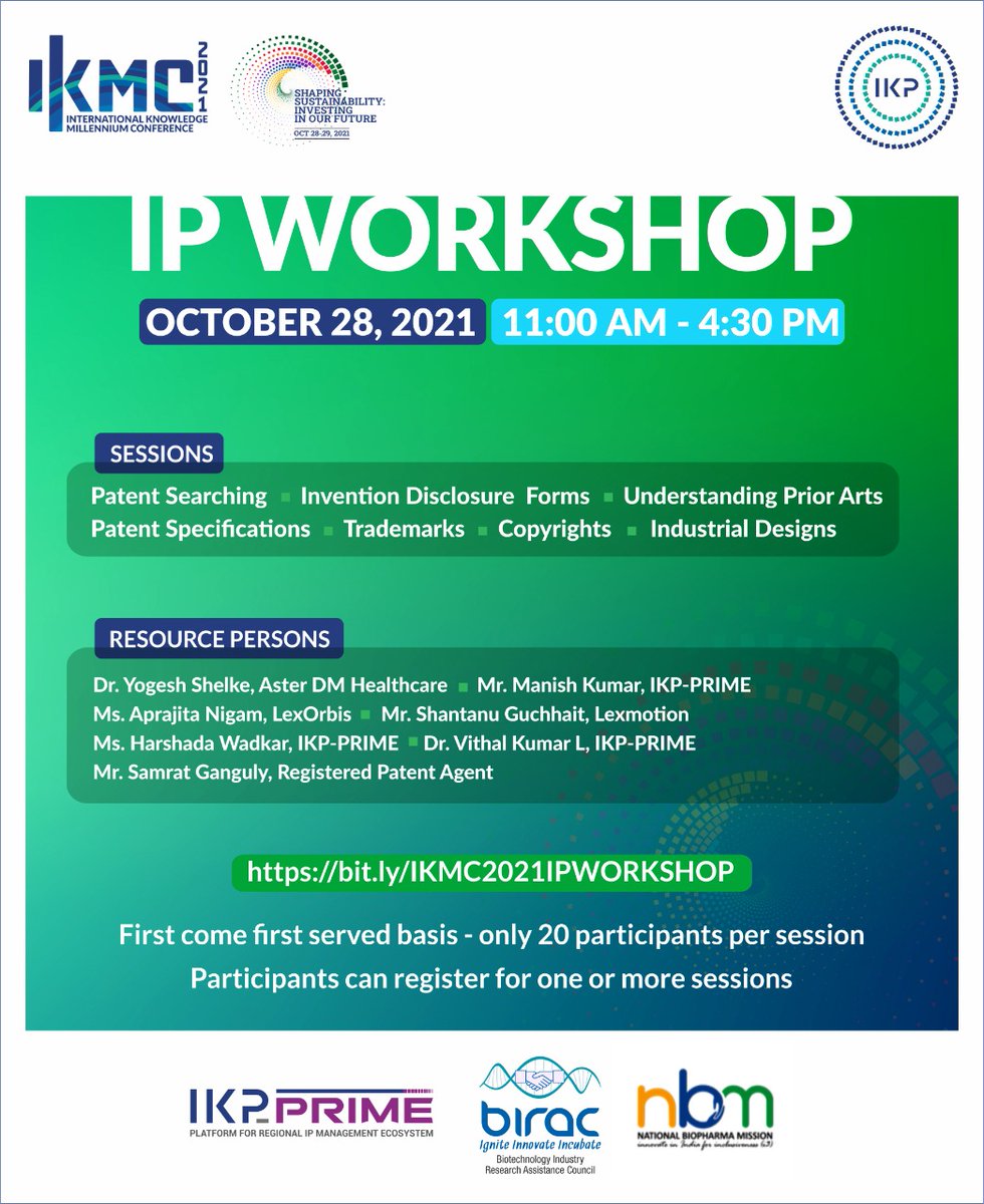 We invite #Innovators to #IKMC2021
'Shaping Sustainability: Investing in Our Future'
 ikmc2021.com
Creating IP assets adds value to your technology. Join us on 28th October for hands-on workshop in various forms of IP. 
 
Register bit.ly/SHAPINGSUSTAIN…