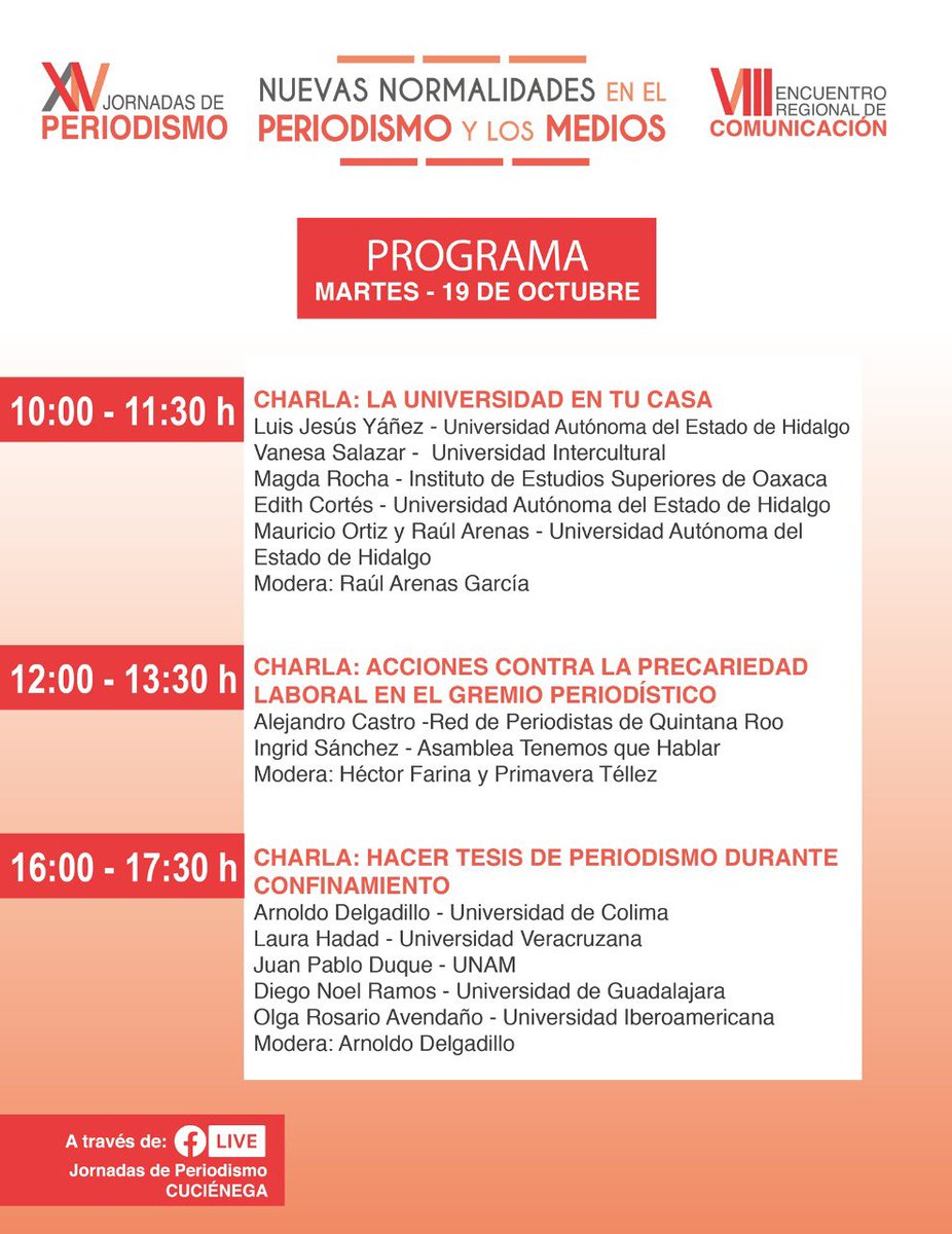 cuci_oficial's tweet photo. Sigue el programa de actividades de las Jornadas de Periodismo #CUCiénega 

#TuEspacio #TuUniversidad https://t.co/v3xl6OC5mc
