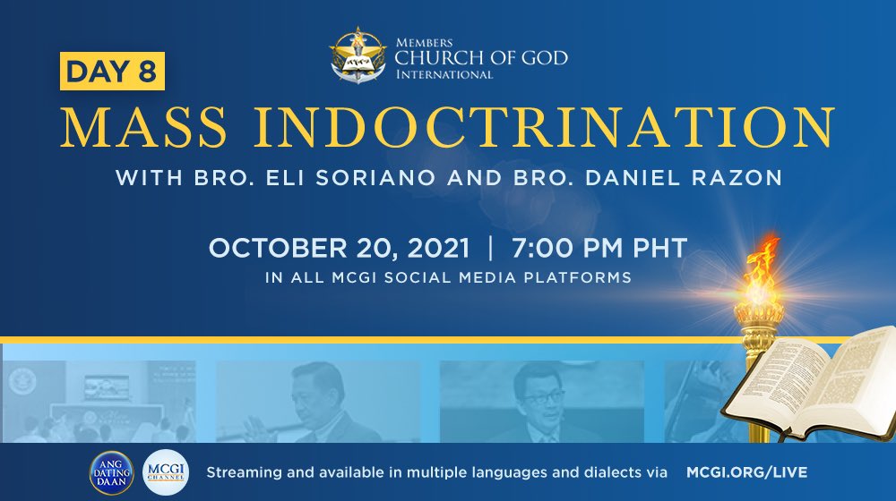 AngDatingDaanTV's tweet photo. Discover and learn the true commandments of Christ.

Join us in the eighth session of MCGI Mass Indoctrination with Brother Eli Soriano and Brother Daniel Razon.

Happening on October 20, 2021 at 7 p.m. Philippine Time. https://t.co/kJKOhCrhyc