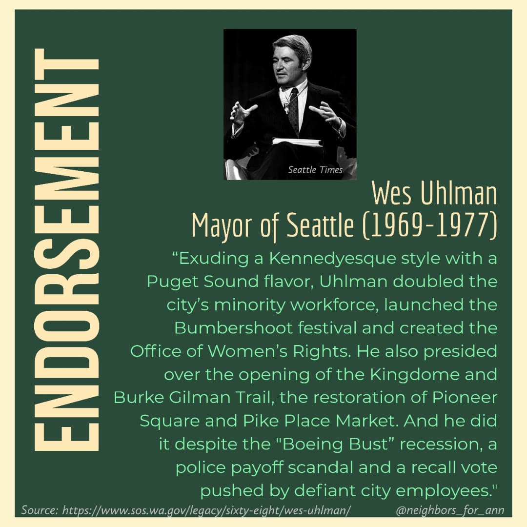 NeighborsForAnn's tweet photo. Endorsements: Wes Uhlman & Greg Nickels, former Mayors of Seattle; Richard Conlin, Former Seattle City Council Member.
Honored to have your support.
#Seattle #seattlecityattorney #endorsement #leadernotatweeter #istandwithAnn #AnnDavison https://t.co/Qt1tfFJQae