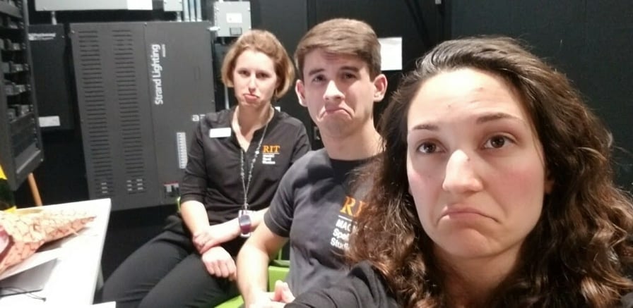 RITMAGIC's tweet photo. Cheer up Joe, AKA "Jersey Joe", you've been promoted to Sr. MAGIC Tech! We're proud of you + grateful for the support you provide to our MAGIC community. #welearnbymakingthings or as MAGIC Tech likes to say #welearnbybreakingthings 📸VERY late night in the production booth. #RIT https://t.co/8GR6Akharp