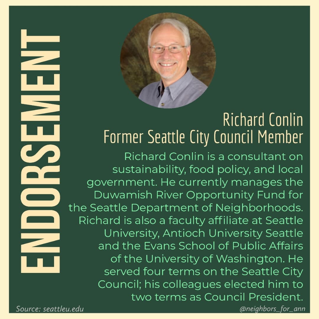 NeighborsForAnn's tweet photo. Endorsements: Wes Uhlman & Greg Nickels, former Mayors of Seattle; Richard Conlin, Former Seattle City Council Member.
Honored to have your support.
#Seattle #seattlecityattorney #endorsement #leadernotatweeter #istandwithAnn #AnnDavison https://t.co/Qt1tfFJQae