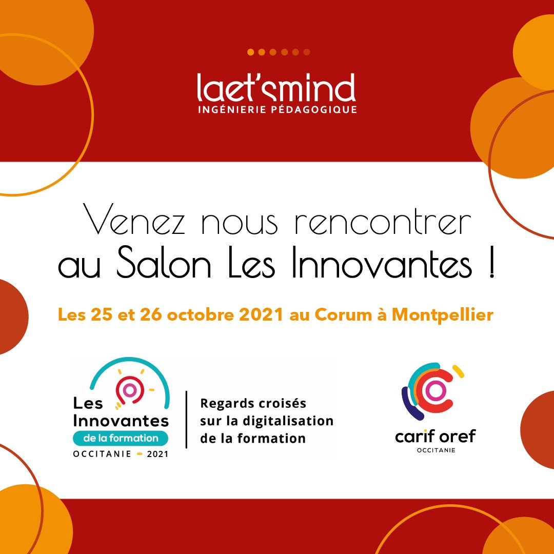LAETSMIND's tweet photo. 🗓️ @CarifOref_Occit organise le Salon des Innovantes les 25 et 26 octobre.
🖐️ Venez rencontrer notre équipe au stand 5 !
📌 Inscriptions : https://t.co/mTCL4fTMTh
#Lesinnovantes2021 #Occitanie #Montpellier #pedagogie #formation #formationsurmesure #elearning #digitalisation https://t.co/zcRTdGDOjD