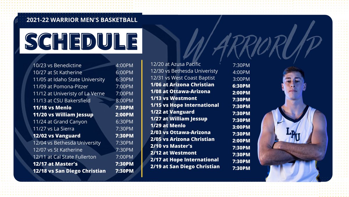 LpuWarriors's tweet photo. 🏀Men’s Basketball schedule is here!🏀
Come out this Saturday for their first game of the season.
#WarriorUp https://t.co/oFCTV0yjC1