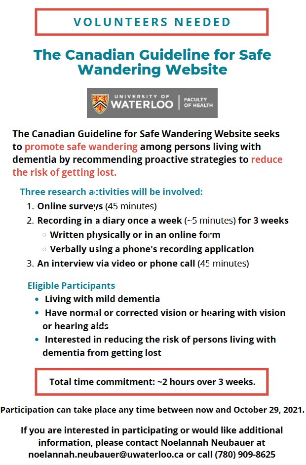 STUDY RECRUITMENT – Are you (or do you know of) a person living with dementia who uses technology 📱🖥 ? Are you interested in reducing your risk⚠️️of getting lost? Please consider participating in our Canadian Guideline for Safe Wandering Study!