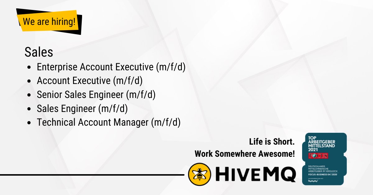 HiveMQ's tweet photo. Do you want to be a part of a passionate #salesteam from one of the fastest-growing tech companies & leading experts in connecting devices to the #InternetofThings? Apply today ➡️ https://t.co/j1n5ZWvJO8⬅️
#EnterpriseAccountExecutive #SeniorSalesEngineer #TechnicalAccountManager https://t.co/xJesSlNSRj