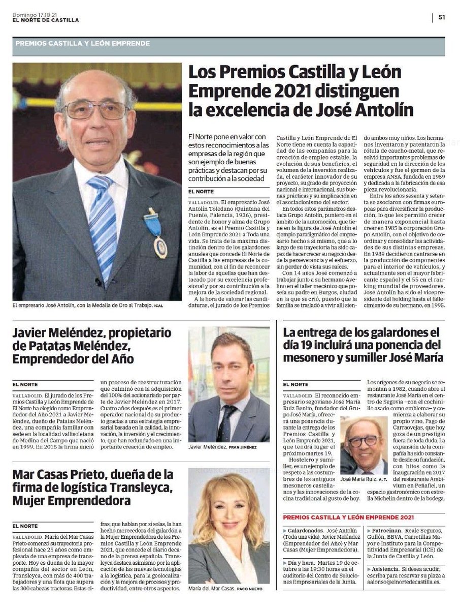 EFCyL's tweet photo. ¡Muy orgullosos de nuestros asociados! José Antolín, presidente de honor de @Antolin_Oficial, Javier Meléndez , CEO de @MelendezPatatas, y Mar Casas, presidenta de
#Transleyca, Premios CyL Emprende 2021 de @nortecastilla ¡Enhorabuena! https://t.co/g0CKlBQEz8 https://t.co/0JkWmD2jx6