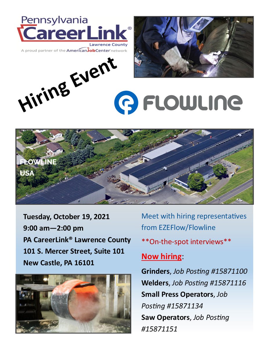 STOP IN TODAY for an on-the-spot interview with EzeFlow/Flowline Division!  

Your next career in manufacturing is only an interview away! Hiring representatives will be conducting open interviews TODAY at your PA CareerLink Lawrence County until 2PM. Don't miss this opportunity!