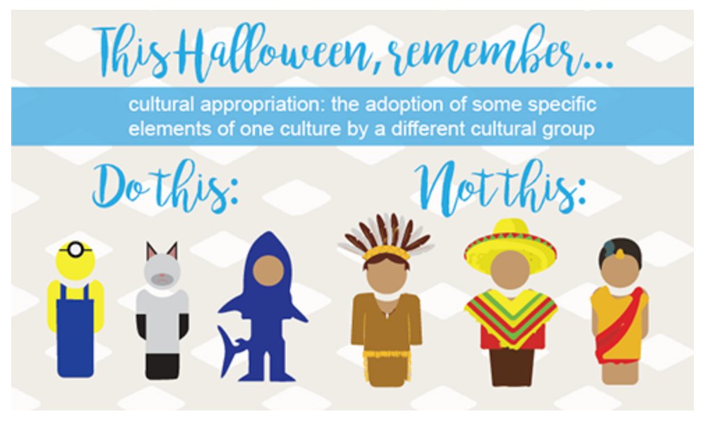 As we approach Halloween remember that culture is NOT a costume. If people can't take it off (skin, hair, beliefs, etc.) you probably shouldn't put it on. 
When we know better we should DO better. It is not always your intent but the impact it has on others. Choose wisely.