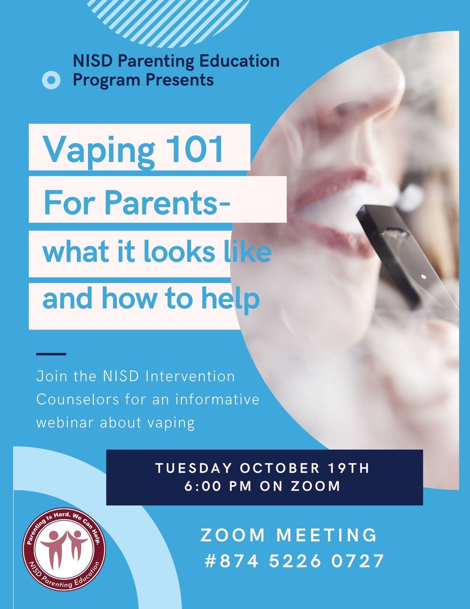 Join the NISD Intervention Counselors for an informative webinar about vaping tonight at 6:00 PM.