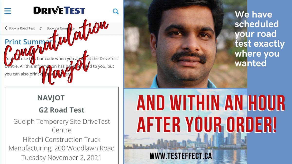 Book_drive_Test's tweet photo. Congratulation Navjot! We book your test! BOOK YOU G or G2 #Roadtest with us now! We know the easiest centers for the G and G2 tests. 
BOOK YOUR G2 or G TEST NOW! https://t.co/OioAkEyKgh
#roadtest #drivingschool #drivesafe #newdriver #congratulations #bestdrivingschool #toronto https://t.co/l9EfyeZY1m