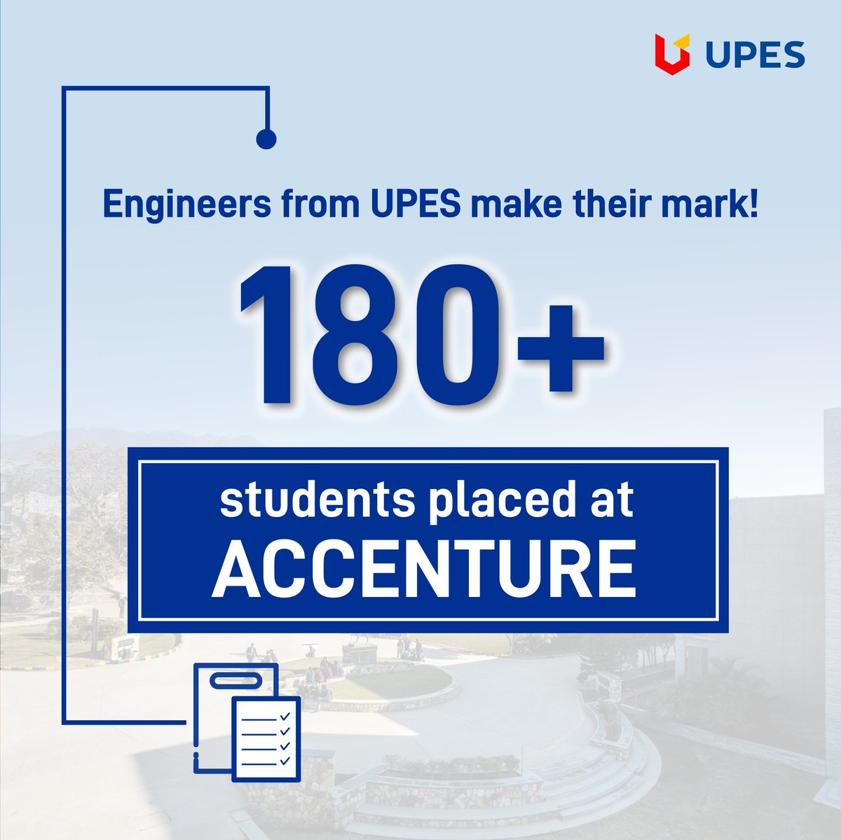 UPESDehradun's tweet photo. #UPES believes in academic excellence & the industry’s faith in our education pedagogy is testimony to the same. It gives us pride to announce that 180+ students from #UPESSchoolofComputerScience & #UPESSchoolofEngineering have been placed with Accenture during #PlacementatUPES. https://t.co/I42M6paxxJ