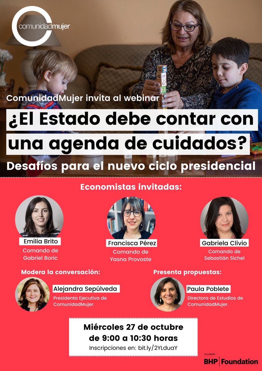 ComunidadMujer's tweet photo. ¿YA TE INSCRIBISTE? No te pierdas nuestro webinar "¿El Estado debe contar con una agenda de #cuidados?", donde conoceremos las posturas de las candidaturas de @gabrielboric, @ProvosteYasna y @sebastiansichel con sus economistas👌🏽
📆Miércoles 27/10, 9 hrs: https://t.co/La6HSpauwU https://t.co/QBd2O4zctU