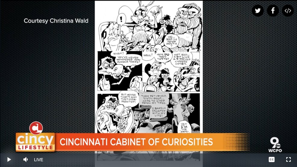 Stegelin's tweet photo. Thanks much to @katklockow for the shoutout during her interview re: @cincabinetcurio on @WCPO #CincyLifestyle! Did my past NoKY/Cincy self good to return to the area's airwaves with #CryptidsTogether. More details about the comic on @kickstarter. https://t.co/hpQlNavONw https://t.co/qnTgAkVMTV