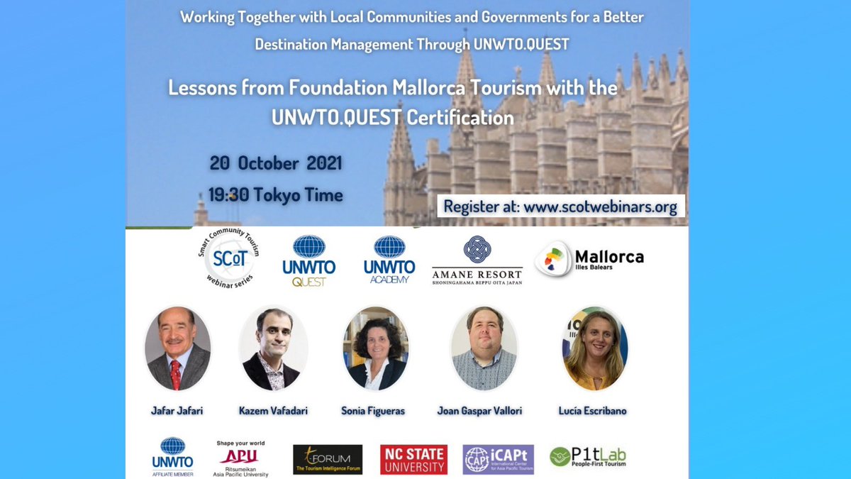 UNWTOAcademy's tweet photo. . 💻⭐️@ritsumeikanapu les invita al @scotwebinars sobre las lecciones de @MallorcaTourism con la Certificación de calidad #UNWTOQUEST
📅20 Oct. 2021 -12h30 Mallorca- 19h30h 🇯🇵
🗨️Español, con traducción simultánea en inglés y japonés
INSCRIPCIÓN: https://t.co/JdaoLvICcb https://t.co/sVDxBykGof