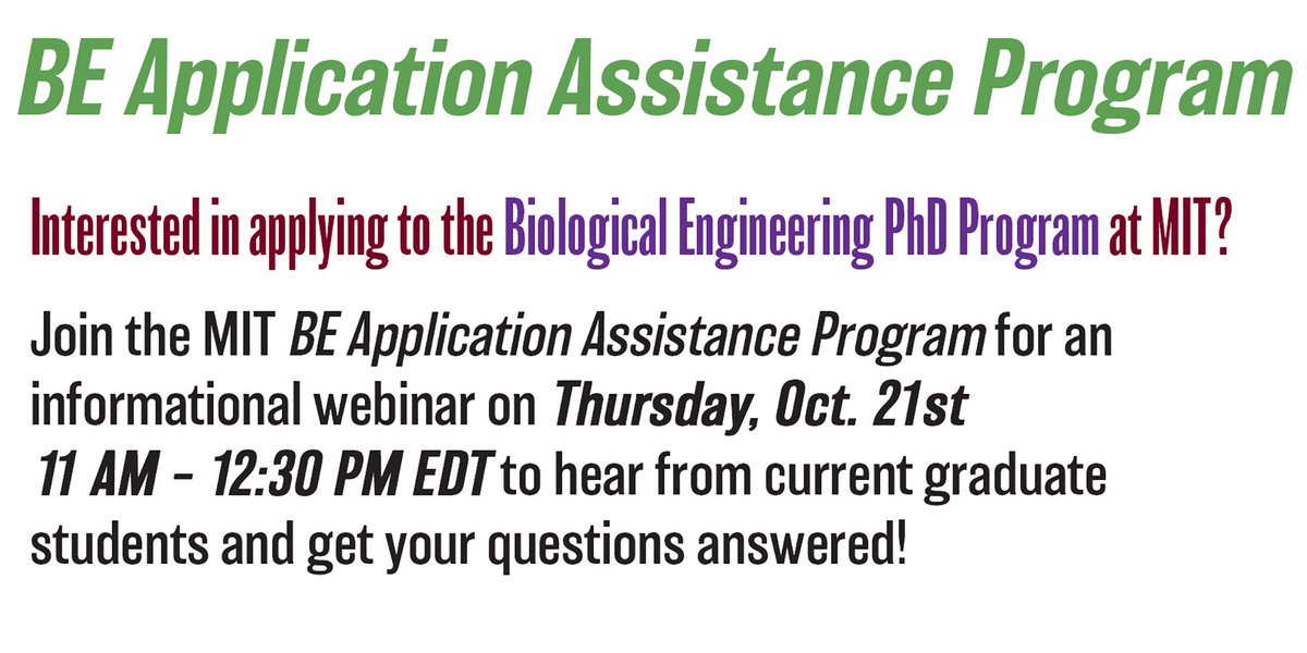 MIT Dept of BE (@mitdeptofbe) on Twitter photo Applying to the MIT BE PhD program? Join the BE Application Assistance Program (BEAAP) for informational webinar this Thurs 10/21 11am EDT. Hear from current students, get your questions answered. Open to all, so share widely! Register ow.ly/4e0n50GtVHE <a href="/MITEngineering/">MIT School of Engineering</a> Applying to the MIT BE PhD program? Join the BE Application Assistance Program (BEAAP) for informational webinar this Thurs 10/21 11am EDT. Hear from current students, get your questions answered. Open to all, so share widely! Register ow.ly/4e0n50GtVHE <a href="/MITEngineering/">MIT School of Engineering</a>