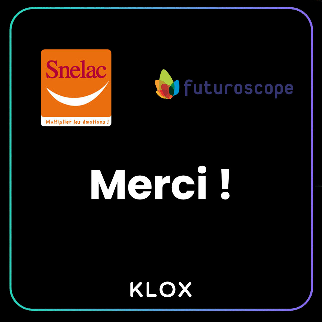 Ce jeudi 14/10, <a href="/WeAreKlox/">Klox</a> a participé au <a href="/snelac/">SNELAC</a> !

Nous tenions à remercier les équipes du <a href="/futuroscope/">Futuroscope</a> pour leur accompagnement et le professionnalisme des nombreux acteurs présents✌

Au plaisir de vous retrouver l’année prochaine 😉
