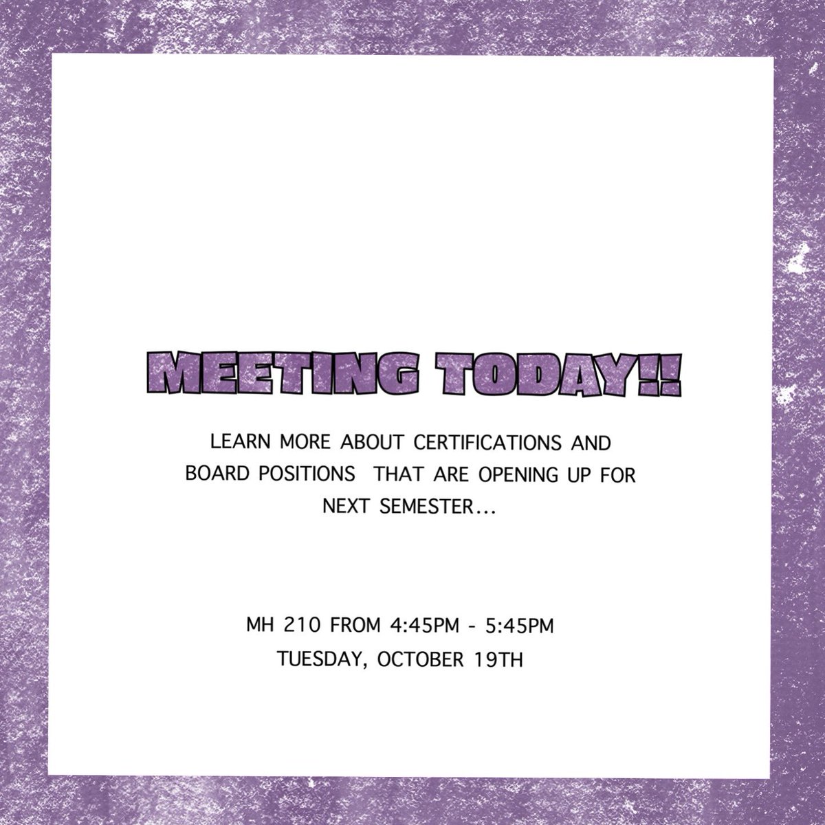 Don’t forget to join us today in Morris Hall 210 from 4:45pm-5:45pm!! 

Will be talking more about the board member positions that will be opening up for next semester, as well as how to use involveU. See you there 🤗