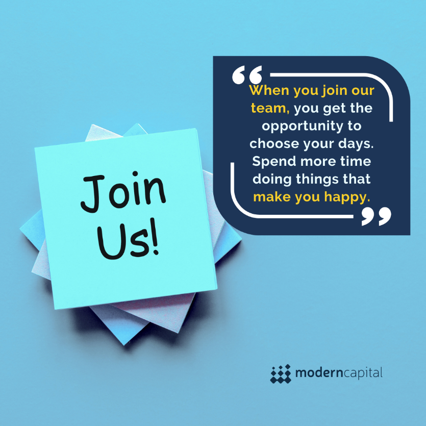 Whether independent, RIA, employee, or bank, every financial advisor has a distinct future vision. Modern Capital helps make those dreams a reality.❤

Join our team to contribute and learn from our collective experience in leading financial solutions.👇👇 moderncap.com/careers/